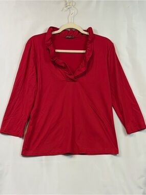 J. McLaughlin Red Ruffle V-Neck Long Sleeve Stretch Top Large